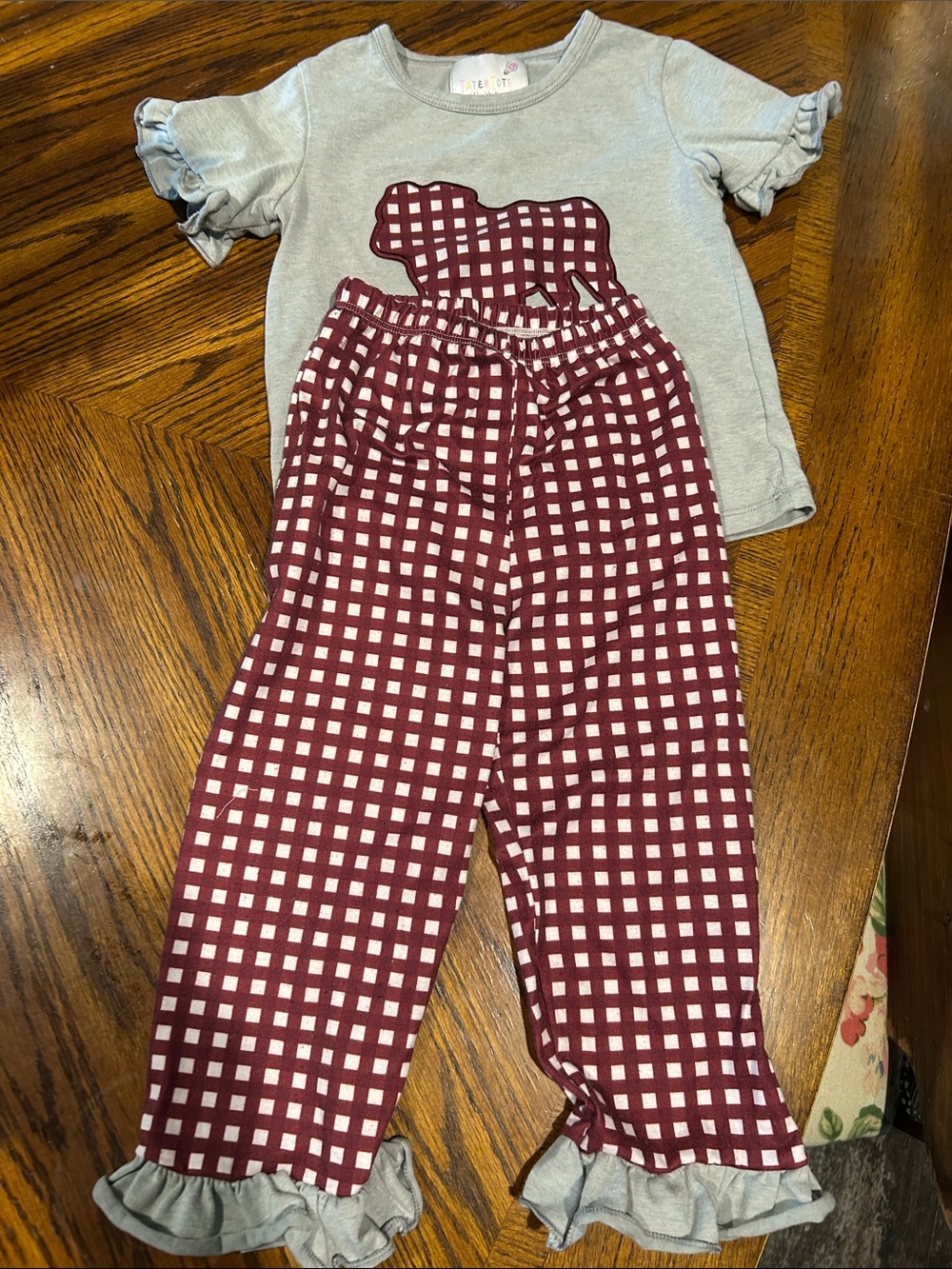 Girl's Gray Ruffle Top & Burgundy Gingham Pants Set